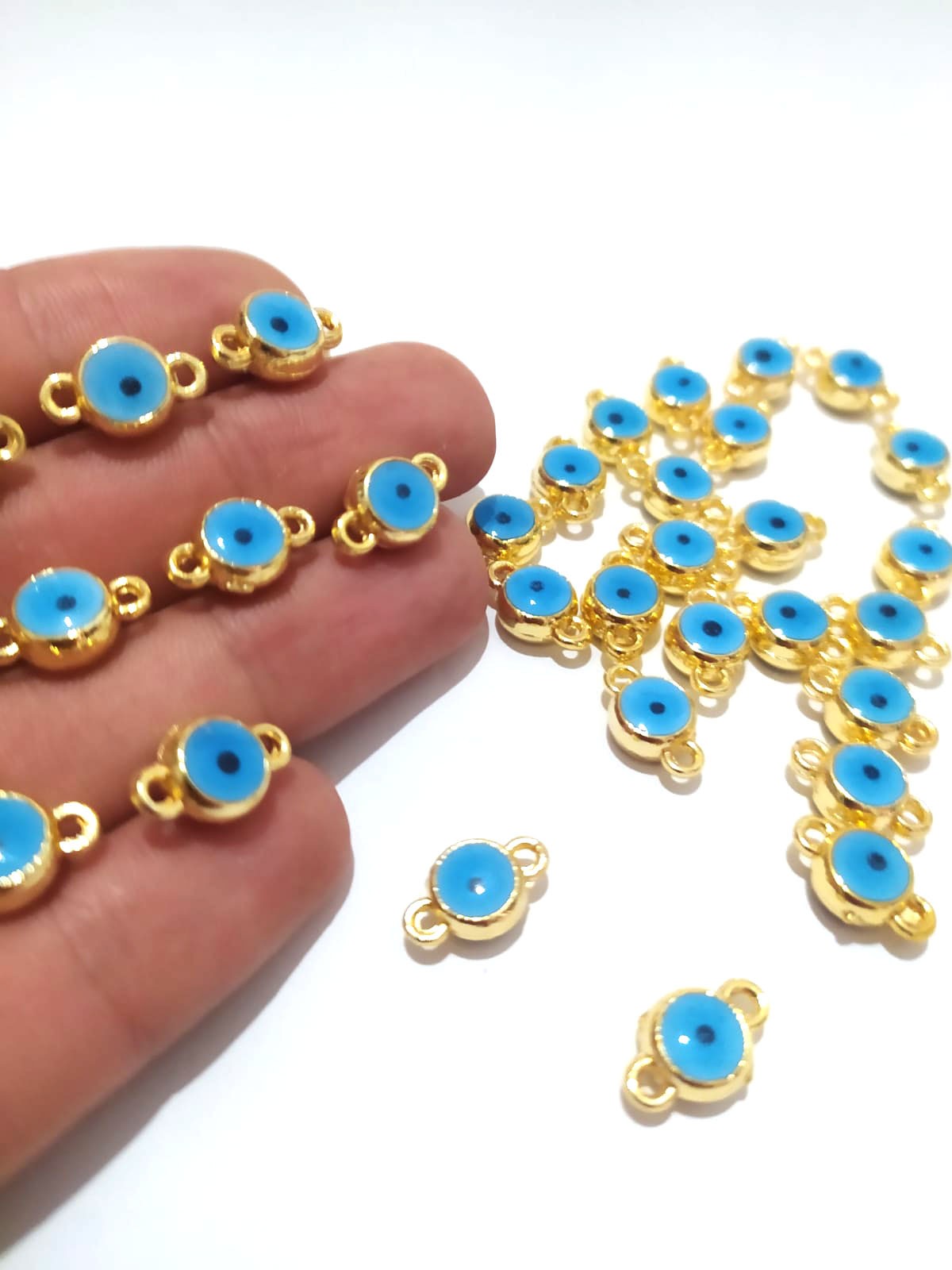 Takı Yapımı için 5 Adet Gold Çift Kulplu Göz Nazar Boncuk Şans Kolye Bileklik Halhal Ucu Takı Yapımı için 5 Adet Gold Çift Kulplu Göz Nazar Boncuk Şans Kolye Bileklik Halhal Ucu